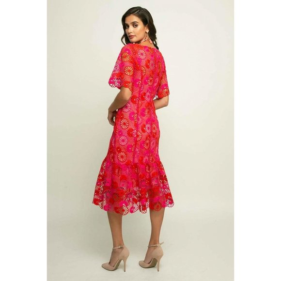 Eva Franco fitted lace Red Midi Flounced Wedding Guest fuchsia 3/4 sleeves - Picture 4 of 5